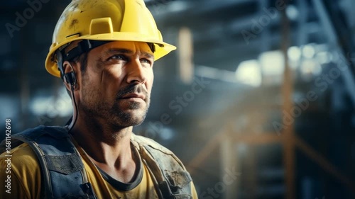 Wallpaper Mural Construction worker focuses on task at job site in the early morning light with yellow helmet on and safety gear Torontodigital.ca