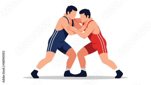 Wrestling Match in Action: Two wrestlers locked in fierce competition, demonstrating strength, agility, and the intense physicality of the sport. Capturing the dynamic energy of a wrestling match.