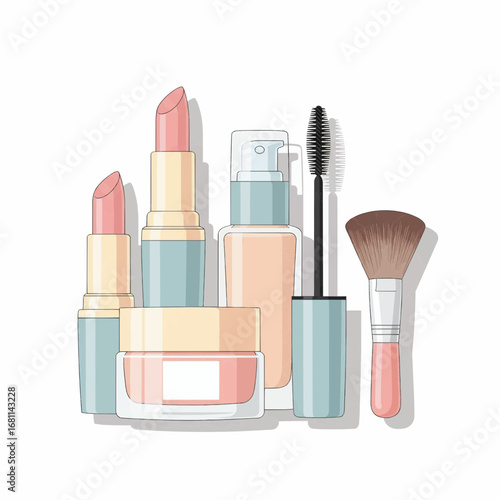A vibrant collection of essential makeup and skincare items for a daily beauty regimen, including lipstick and foundation