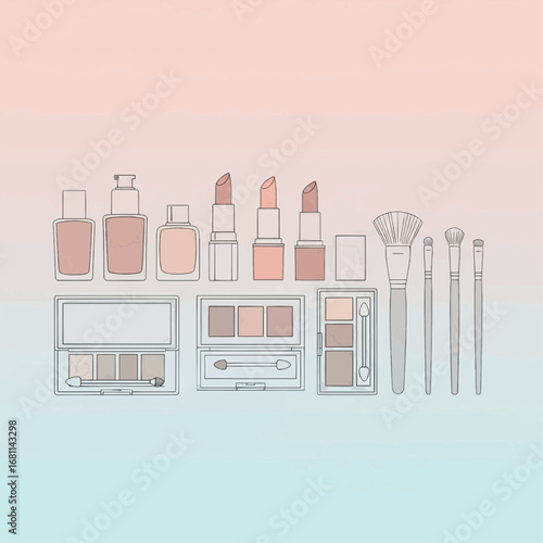 A minimalist vector illustration of a cosmetic collection, showcasing essential makeup products and tools for a daily beauty routine concept