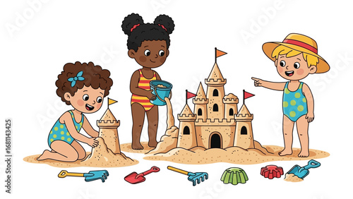 Building Dreams at the Seashore: Three young children collaborate joyfully to construct a magnificent sandcastle, showcasing the boundless creativity and magic of a sunny beach day.