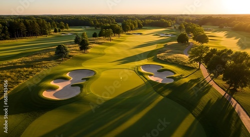 Wallpaper Mural Aerial View of a Golf Course with Bunkers and Trees at Sunset. Torontodigital.ca