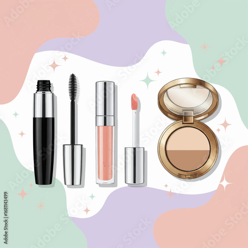 Beauty Cosmetics Display Mascara, Lip Gloss, and Powder Compact on Abstract Background