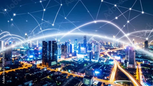 Wallpaper Mural Connected Cityscape: Night View with Network Lines Torontodigital.ca