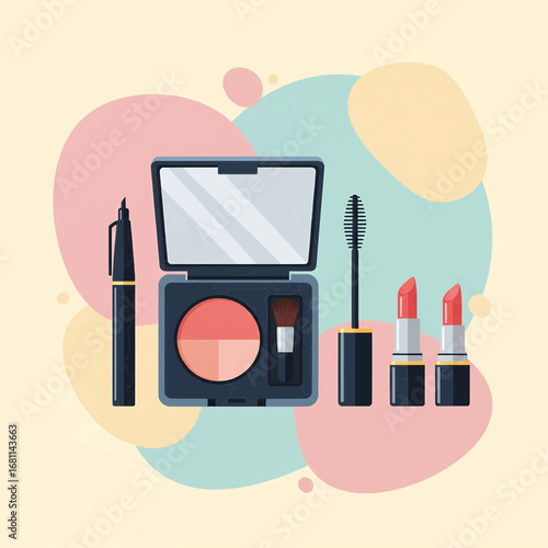 Essential beauty and makeup products illustrated for daily routines. Includes eyeliner, compact powder, mascara, and lipsticks on a vibrant, abstract background