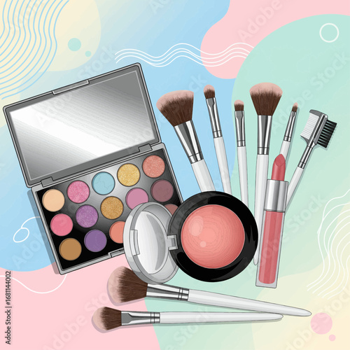 Beauty and glamour concept with a set of decorative cosmetics, including a vibrant eyeshadow palette, blush, lipstick, and professional application brushes