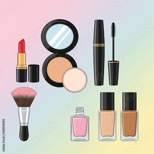 A vibrant cartoon illustration of a complete makeup set including lipstick, foundation, mascara, and powder for a beauty routine