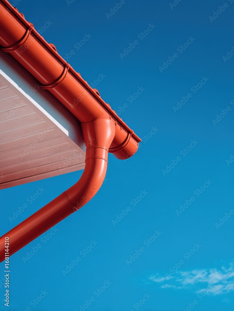 Red Gutter System on Building Exterior Against Clear Blue Sky, Providing Essential Water Drainage Red Gutter System on Building Exterior Against Clear Blue Sky, Providing Essential Water Drainage