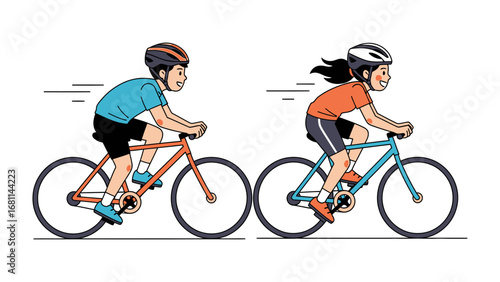 Cycling Duo: Two cyclists, a boy and a girl, cycle forward with determination. Ready for adventure and teamwork
