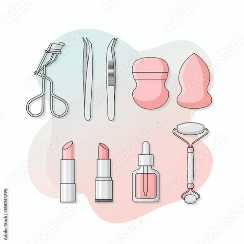 Set of flat line style icons featuring makeup and skincare accessories like lipstick, face roller, and tweezers for a daily beauty routine