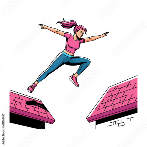 Fearless Leap: A dynamic illustration of a young woman fearlessly leaping between rooftops, a vibrant display of athleticism and determination.