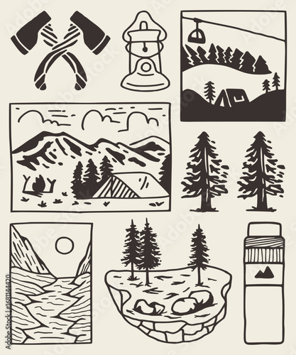 Hand drawn outdoor camping illustration set with mountains, pine trees, lantern, axe, tent, river, and nature elements in vintage sketch style