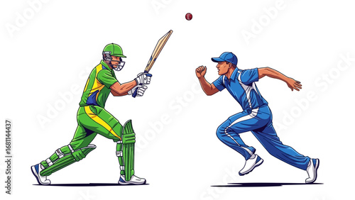 Cricket Match in Action: Two sportsmen in vibrant attire are intensely competing during the cricket match, the batsman poised to strike.