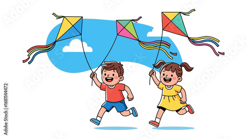 Soaring Dreams: Two children joyfully race across a picturesque landscape, their colorful kites dancing gracefully in the clear sky, evoking a sense of freedom, fun, and the simple joys of childhood.