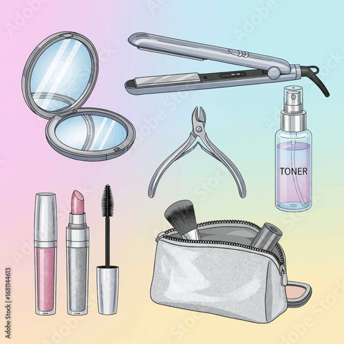 Hand-drawn illustration of essential daily beauty and cosmetic products for a self-care routine, including makeup and styling tools