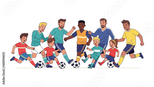 Soccer Players Action: Diverse group of adult and child soccer players in action, running with balls, dynamic poses, teamwork, energetic, illustration.