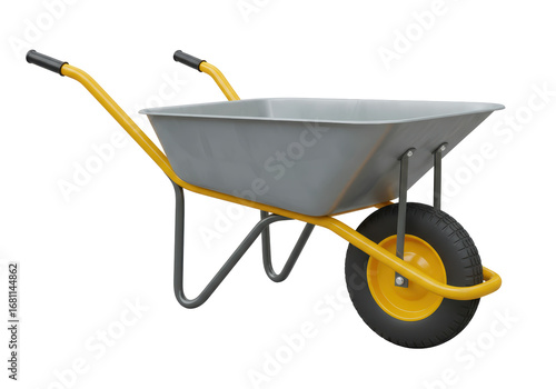 Obraz na plátně Isolated garden wheelbarrow with yellow frame and gray tub, for outdoor heavy-du