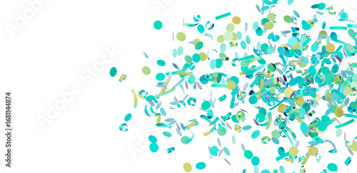 Festive confetti background with teal and gold circles and ribbons. Perfect for party invitations, celebrations, and more.