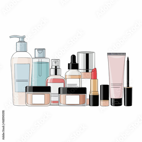 Illustrated collection of essential beauty and skincare products, including lotion, serum, foundation, lipstick, and mascara, on a white background