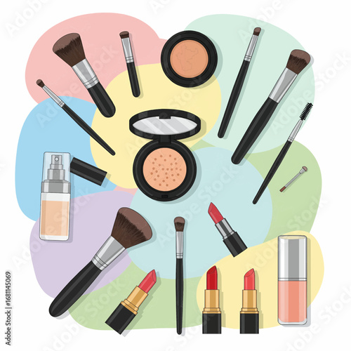 A vibrant flat lay vector illustration of essential makeup and cosmetic accessories, including lipstick, powder, foundation, and brushes for a daily beauty routine