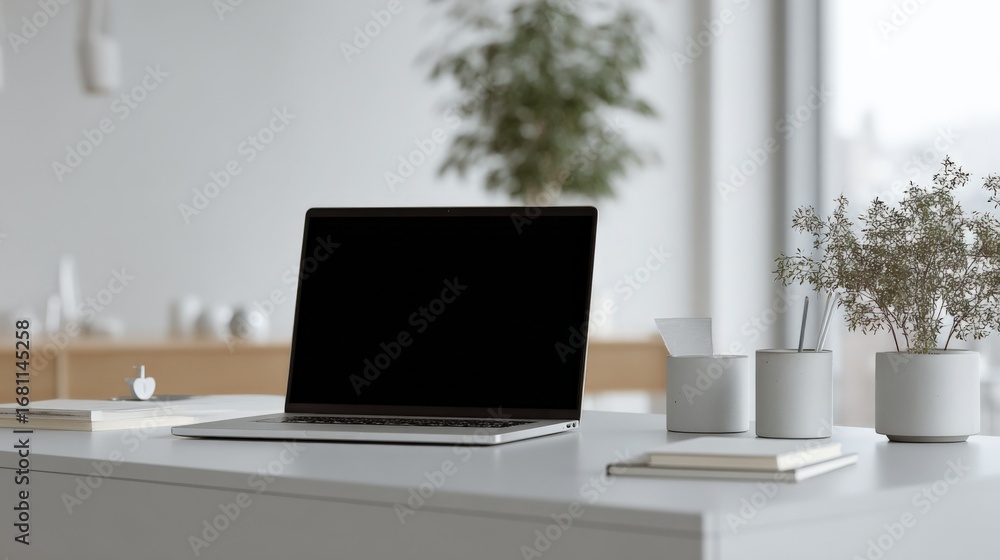 Fototapeta premium Minimalist workspace featuring laptop with black screen, plants and stationery on white desk in bright office