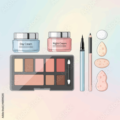 A detailed illustration showcasing various makeup and skincare products, including creams, eyeshadow palettes, and applicators.