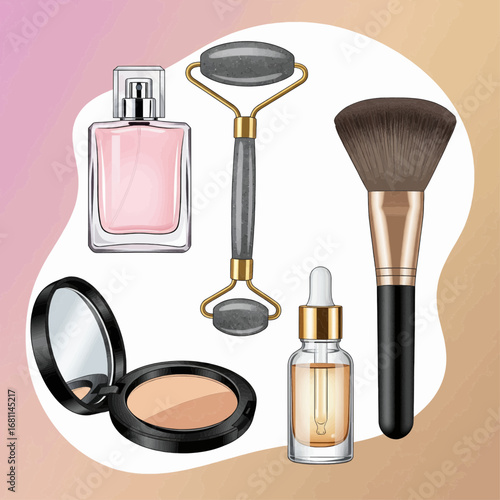 A collection of cosmetic and skincare products including perfume, a facial roller, a makeup brush, compact powder, and serum.