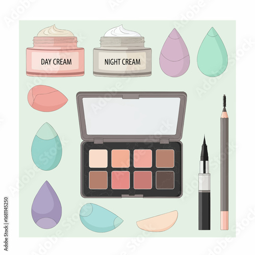 Essential collection for a daily beauty routine, featuring a cosmetic set with eyeshadow, eyeliner, face creams, and blending sponges illustration
