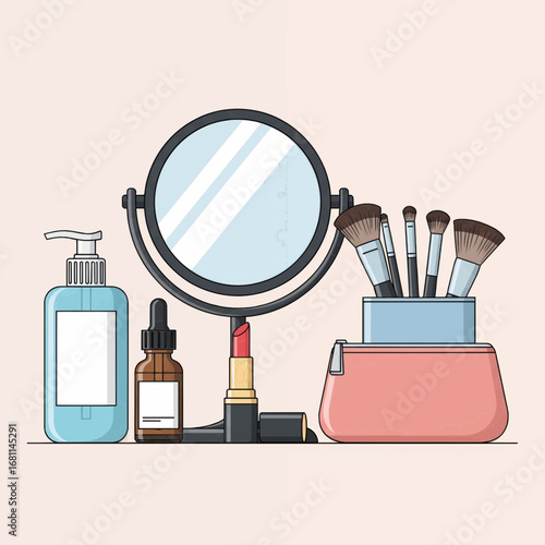 Vector illustration of a complete makeup and skincare routine with essential beauty products like lipstick, serum, and brushes on a vanity table