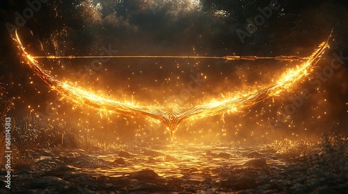 Glowing golden bow with fire effects in a fantasy forest environment photo