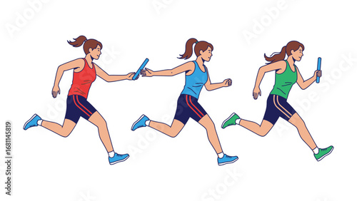 Relay Race in Progress: A dynamic depiction of athletes, engaged in the critical moment of a relay race, showcasing the spirit of teamwork and competitive zeal in a bold and artistic illustration.