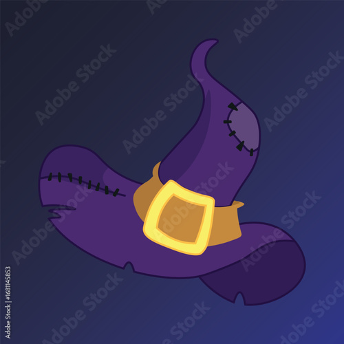 Illustration of a witch's hat. This image shows a black illustration of a witch's hat with curved brims and a pointed top, symbolizing magic and Halloween themes. Vector illustration in cartoon style.