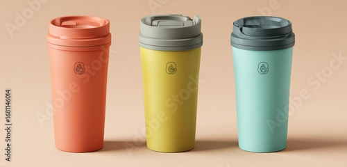 Wallpaper Mural Reusable pastel color travel mugs concept, promoting eco-friendly lifestyle, sustainable products. Torontodigital.ca