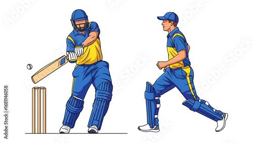 Cricket Match Action: Dynamic illustrations depict a cricket batsman executing a powerful shot, and a bowler in full stride. Capturing the spirit of competitive sports and athleticism.