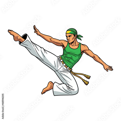 Dynamic Movement in Capoeira: A stylized illustration captures the grace and power of capoeira, showcasing a practitioner executing a high kick with precision and artistic flair.