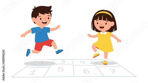Childhood Hopscotch Fun: Two children engaged in a playful game of hopscotch, showcasing childhood delight and the simple joy of outdoor games. A testament to friendship, activity, and recreation.