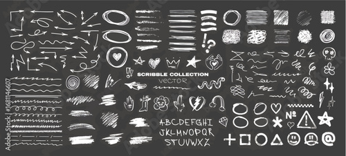 Scribbles, sketch - graphic pack. Charcoal sketches, arrows, underlines, outlines, circles, brush strokes, marker lines. Doodles elements with different tools - brushes, markers, crayons. Vector set