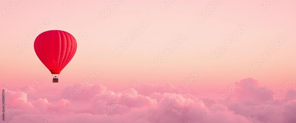 Fototapeta premium Bright red hot air balloon ascends over soft pink clouds; minimalist vector art, soar, freedom