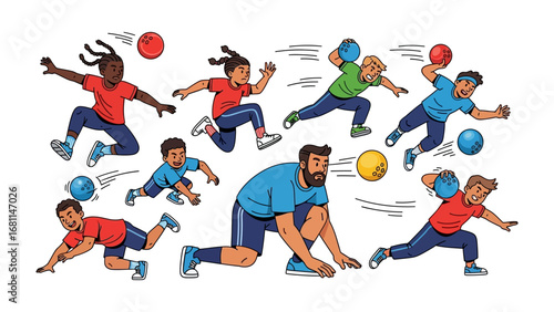 Dynamic Dodgeball Dash: An energetic illustration showcasing the high-octane action and dynamic movement of dodgeball. Players of different ethnic origins engage in a spirited competition.