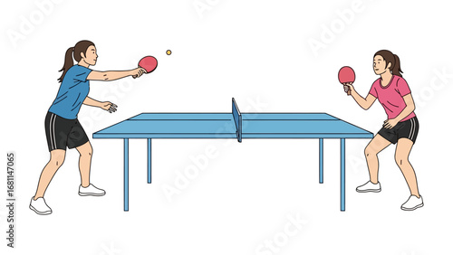 Table Tennis Duel: A dynamic illustration of two female athletes locked in a competitive match of table tennis, showcasing their agility and focus, a dynamic shot of the ball and sport.