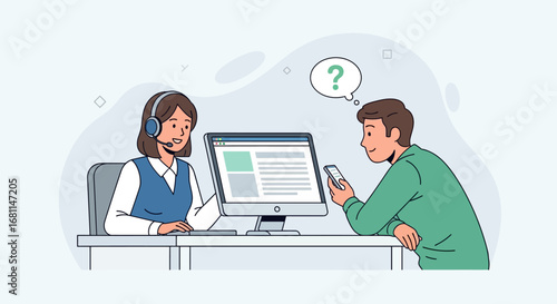 Customer support representative at a help desk assists a male client with a question about his smartphone. Modern flat vector illustration