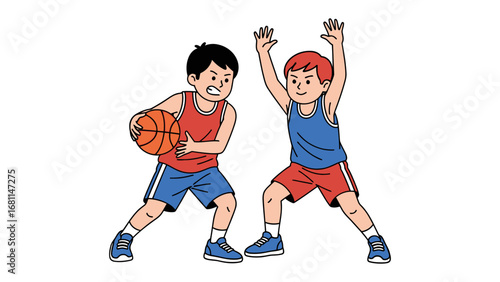 Basketball Match: Two young basketball players engaged in an intense face-off, one dribbling the ball with determination, while the other prepares to defend, all set against a clean background.