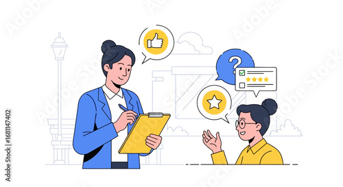 A business professional conducts a customer satisfaction survey, interviewing a woman to gather feedback, ratings, and opinions for market research analysis