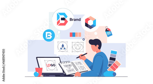 Illustration of a graphic designer developing a brand identity, from initial logo sketches to digital finalization