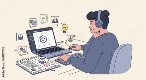 Digital artist with headphones deeply focused on a design project, surrounded by creative workflow icons and ideas