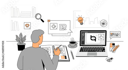 Minimalist concept illustration of a designer's creative process, developing a logo and brand identity