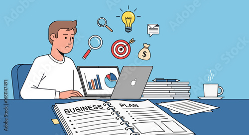 Young entrepreneur meticulously developing a startup business plan, analyzing data on a laptop and setting strategic goals with conceptual icons overhead