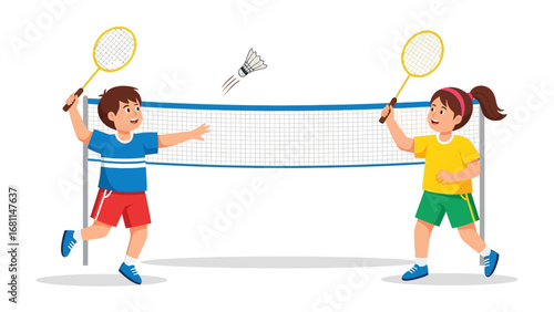 Badminton Match: A vibrant illustration of two children engaged in a spirited badminton game, with focus on the agility, competition, and healthy recreational pursuit.