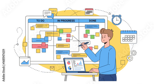 Agile Project Management Board with a Person Strategizing Tasks and Workflow on a Computer