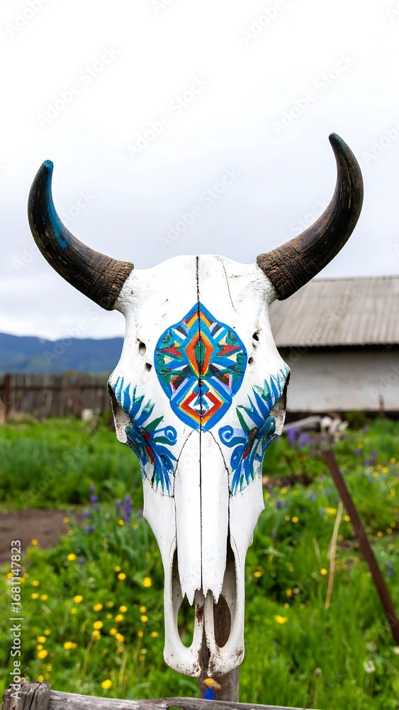 Fototapeta premium Painted ox skull outdoors